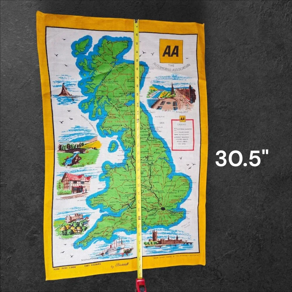 Vintage AA Automobile Association Great Britain Map Linen Wall Hanging Yellow